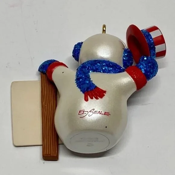 Vintage Christmas Ornament Patriotic Frosty Snowman God‎ Bless USA Hallmark 1999 - Picture 3 of 10